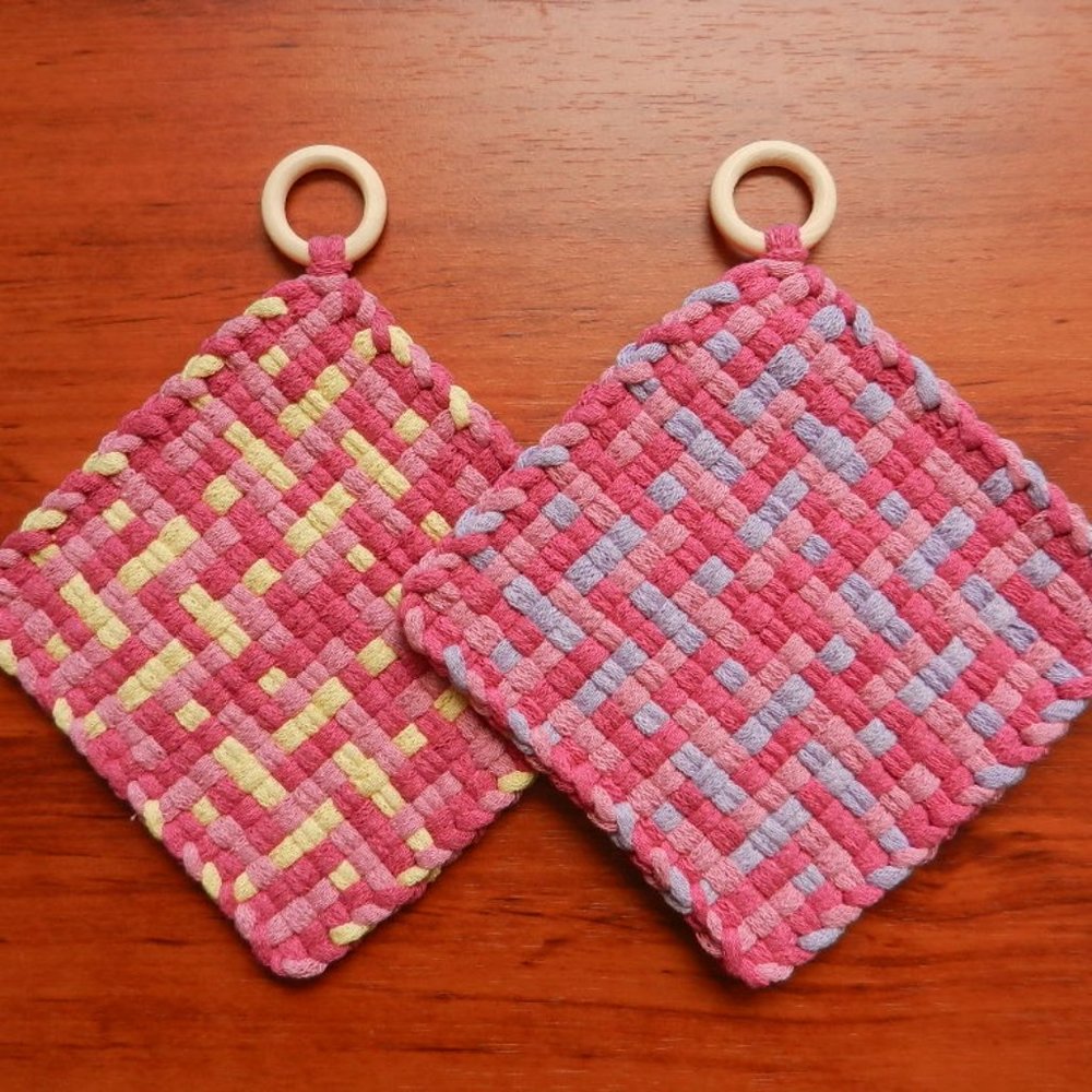 Set of 2 Handmade Artisan Cotton Woven Loomed Barbie Pink Potholders Trivets